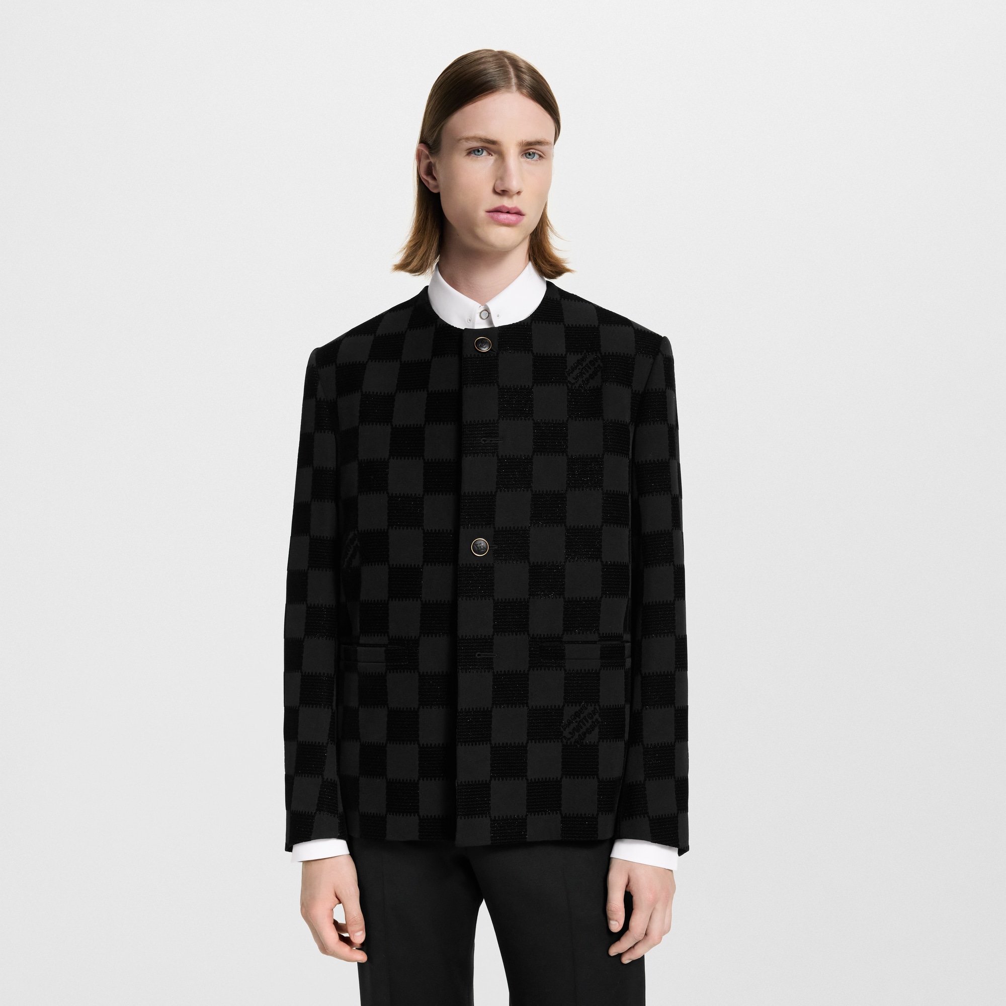 Kragenloses Jackett mit geflocktem Damier-Motiv  Herren Ready to Wear Sakkos und Jacketts | LOUIS VUITTON (Zoom)