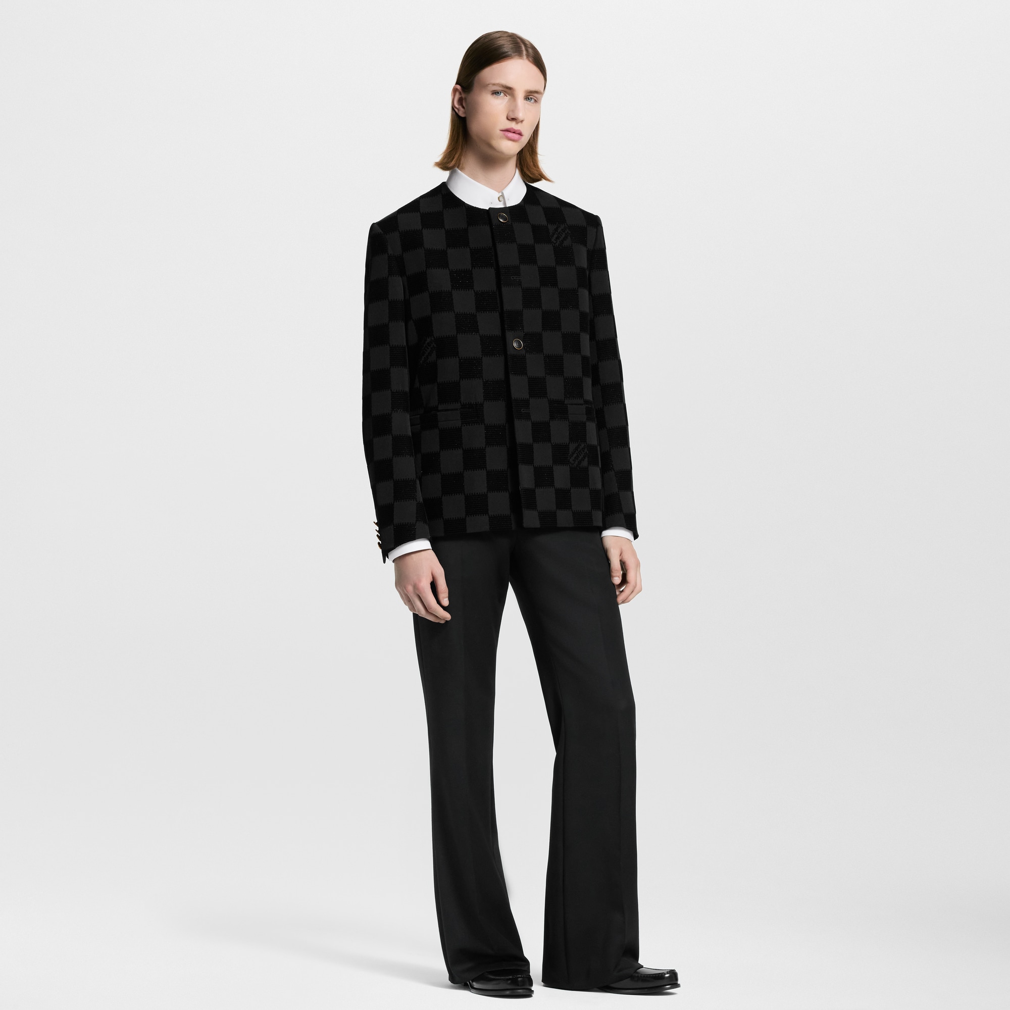 Kragenloses Jackett mit geflocktem Damier-Motiv  Herren Ready to Wear Sakkos und Jacketts | LOUIS VUITTON (Zoom)