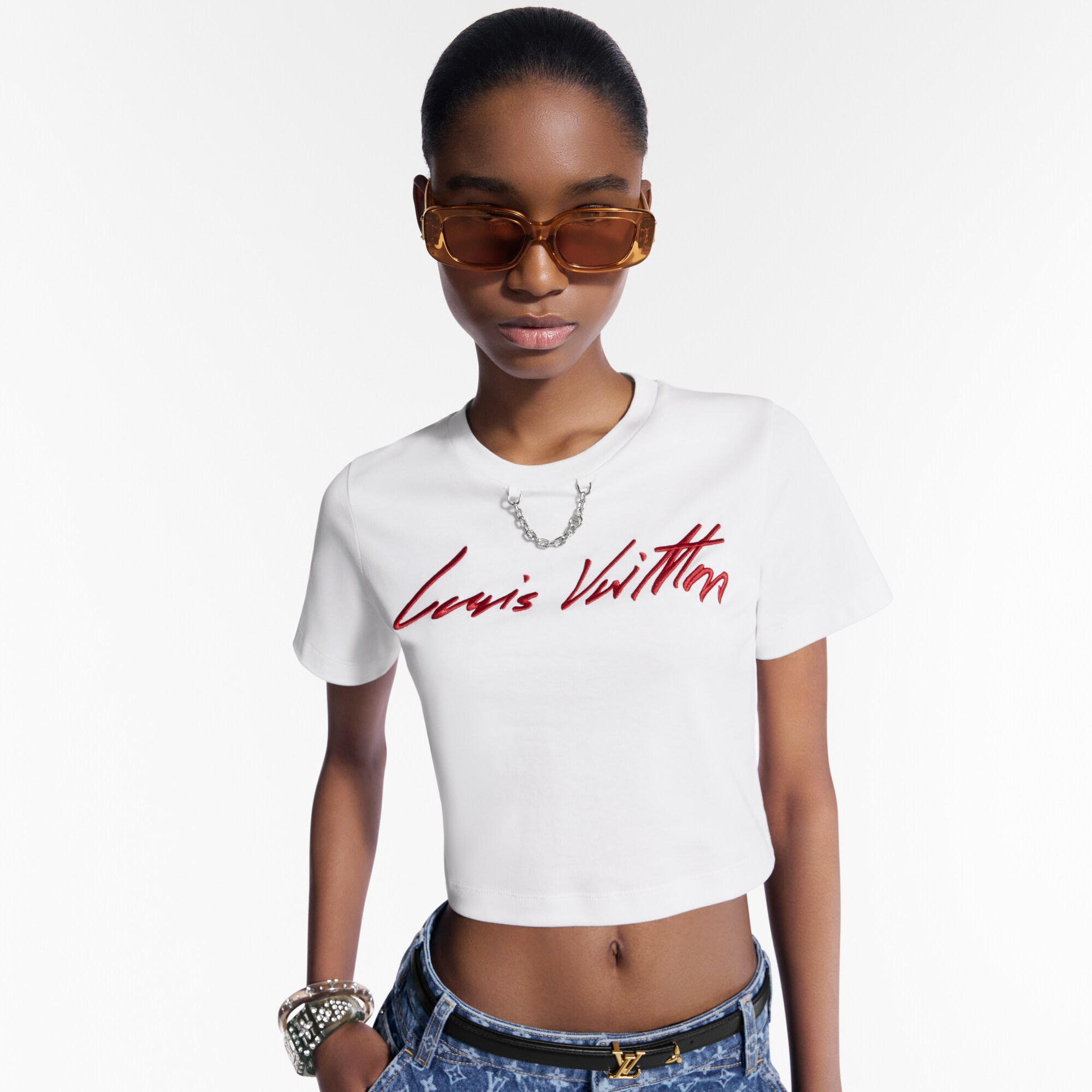 Kurzes Top mit kursiver Signatur  Damen Ready to Wear Tops | LOUIS VUITTON (Zoom)