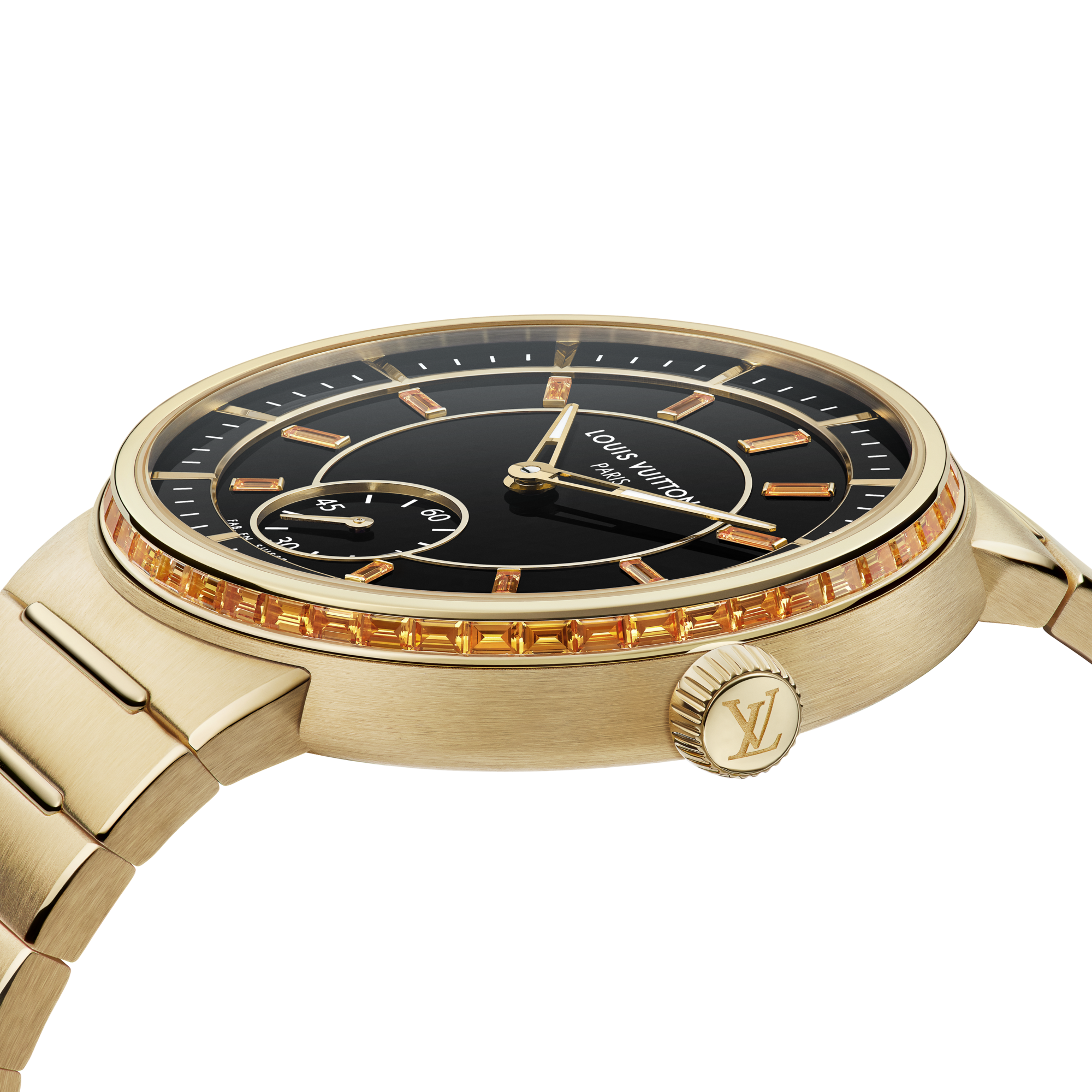 Tambour, Automatikuhrwerk, 40 mm, Gelbgold, Onyx, Saphire  Uhren Alle Uhren } | LOUIS VUITTON (Zoom)