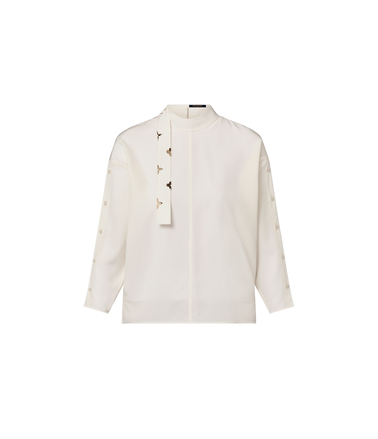 Bluse mit Lavallière-Kragen, Monogram-Blüte und geknöpften  